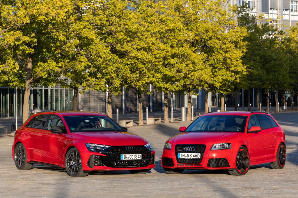 The top model of the series: Audi RS 3 (2026), left; Audi RS 3 first generation (2011), right