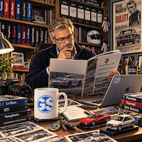 Rédacteur de Guide des Sportives consultant un dossier de presse dans sa bibliothèque automobile